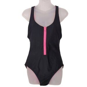 3/$20 George One Piece Swimsuit Womens  Size Large Sporty Black Neon Pink Zipper